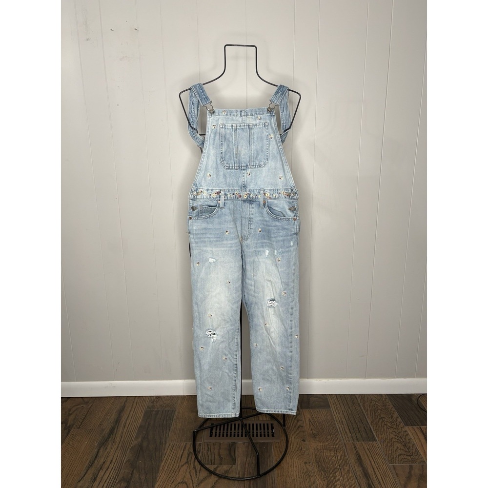 Women's Size Medium M Lucky Brand Boyfriend Overalls Floral Embroidered Ripped